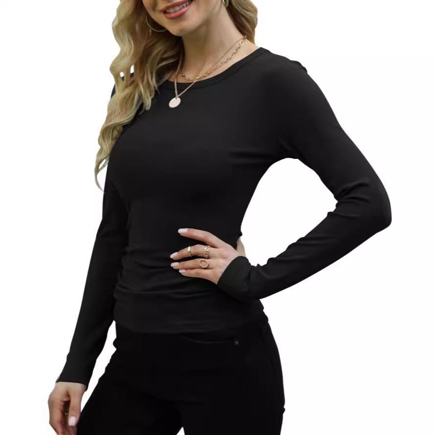 2024 Women's Casual Solid Color Long Sleeve Round Neck T-shirt - European & American Spring/Autumn Style