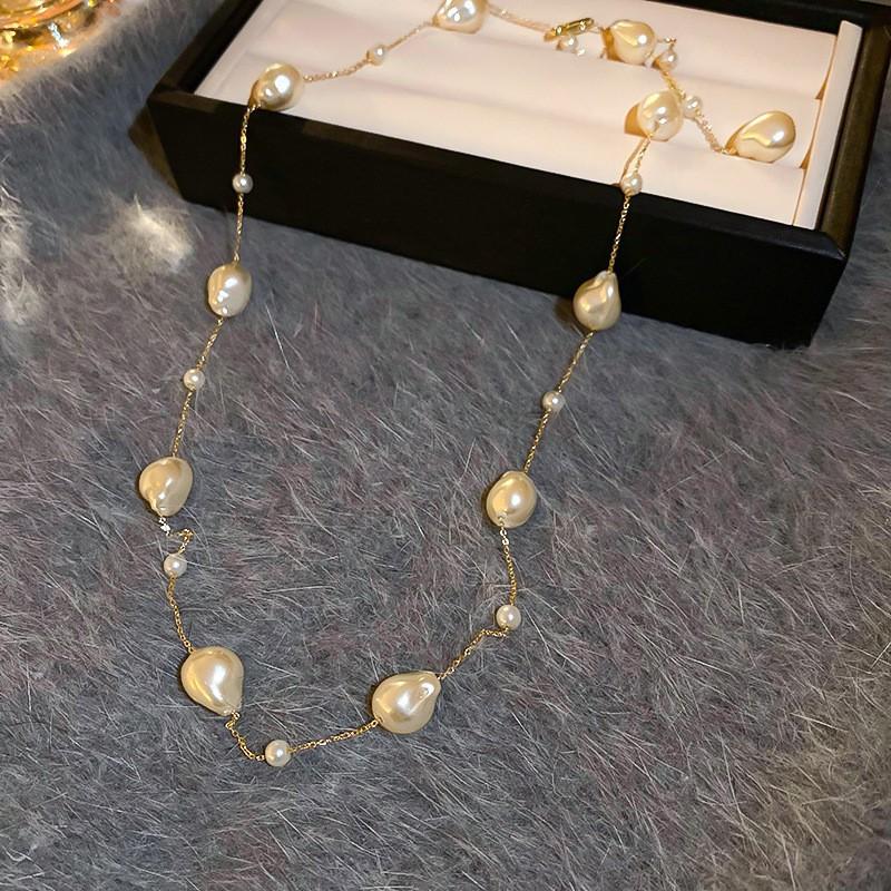 Diamond Water Drop Pearl Beaded Necklace Autumn and Winter French Light Luxury Sweater Chain Fashionable Versatile High-end Jewelry