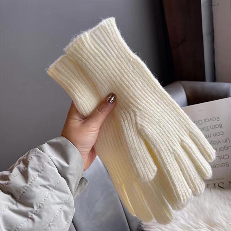 Solid color gloves, winter women's dew finger mobile phone touch screen wool knitting thickened warm couple fashion wholesale