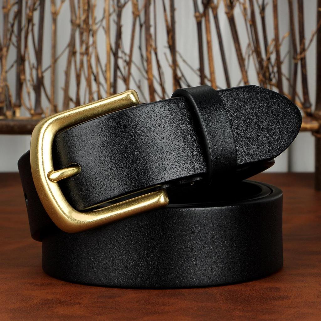 Men's Genuine Leather Belt with Solid Brass Buckle - European Retro Style, Durable Cowhide Waistband