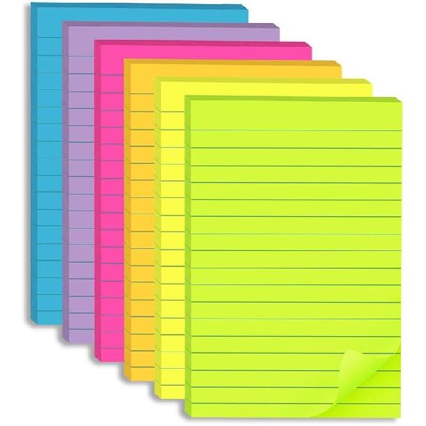(12 Pack) Lined Sticky Notes 4x6 in,Large Notepads with Lines,Ruled Stickies Super Sticking Power,Office School Memo Note Pads Bright Colors,Post on