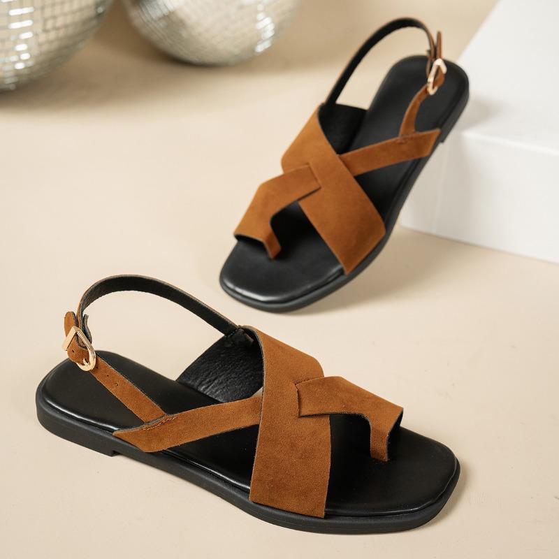 Vintage Flat Toe Herringside Sandals Women's Slingback New Summer Holiday Rome Flat Sandals and Slippers for Outer Wear Talons