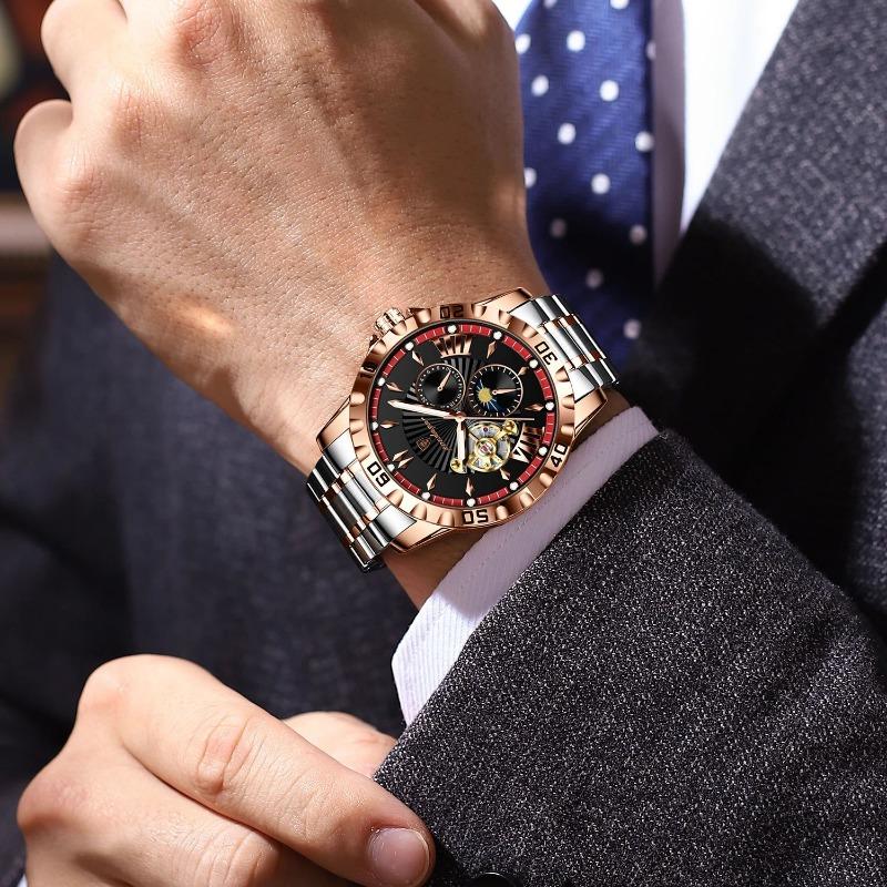 POEDAGAR Luxury Men Clock Hollow Tourbillon Automatic Mechanical Watch Waterproof Luminous Stainless Steel Watches+Box