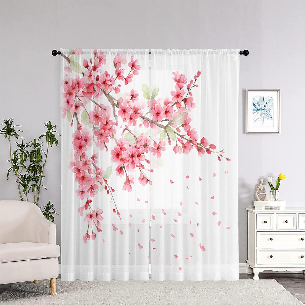 2Pc Cherry Blossom Print Curtains, Polyester Fabric, Machine Washable, Suitable For Bedroom And Living Room Decoration