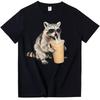 Raccoon Drinking Iced Coffee T-Shirt Funny Animal Meme Shirt Casual Crewneck Short Sleeve Graphic Tee Tops for Men Women