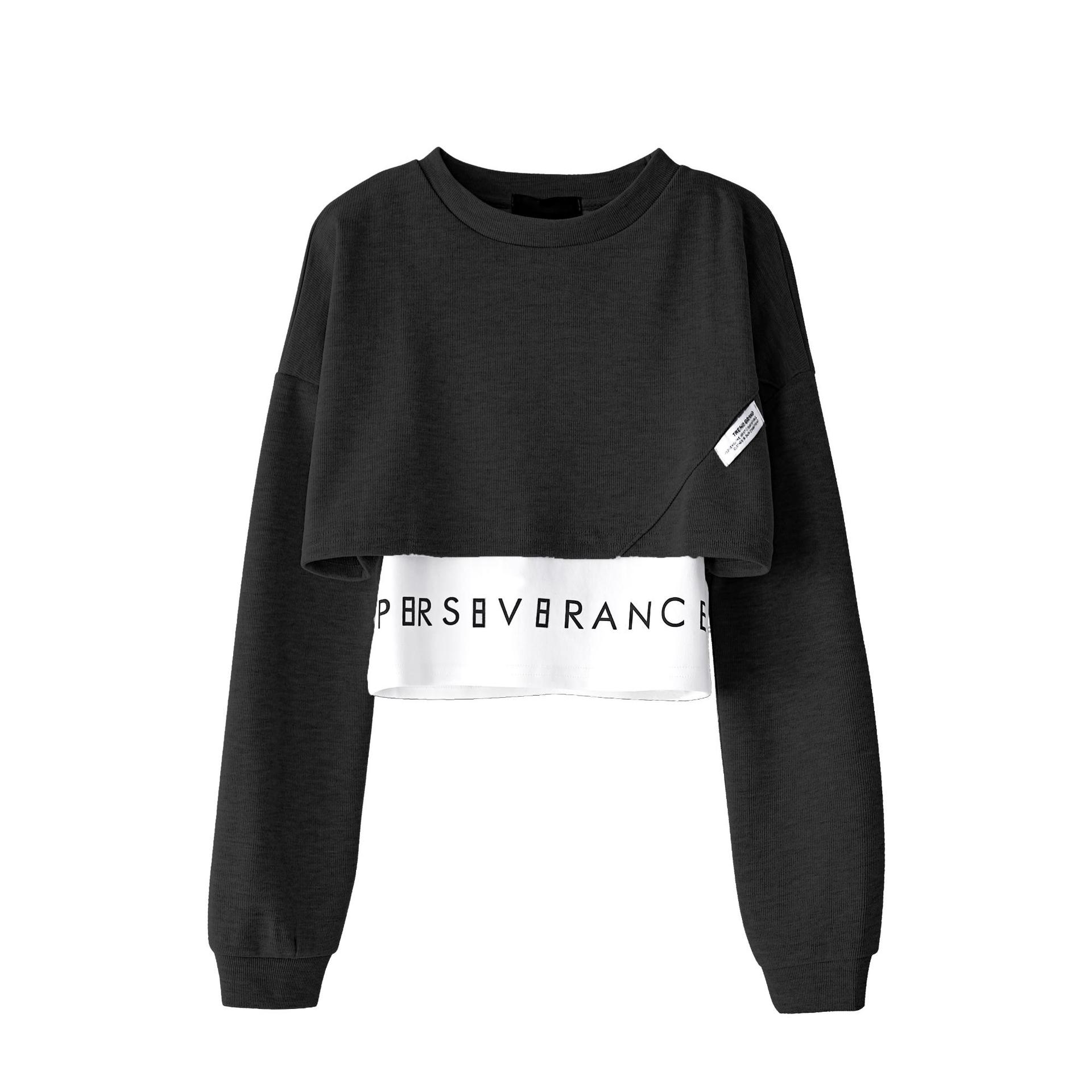 

Короткая толстовка женская тонкая модная повседневная футболка из двух частей с длинными рукавами и топом XXL чёрный