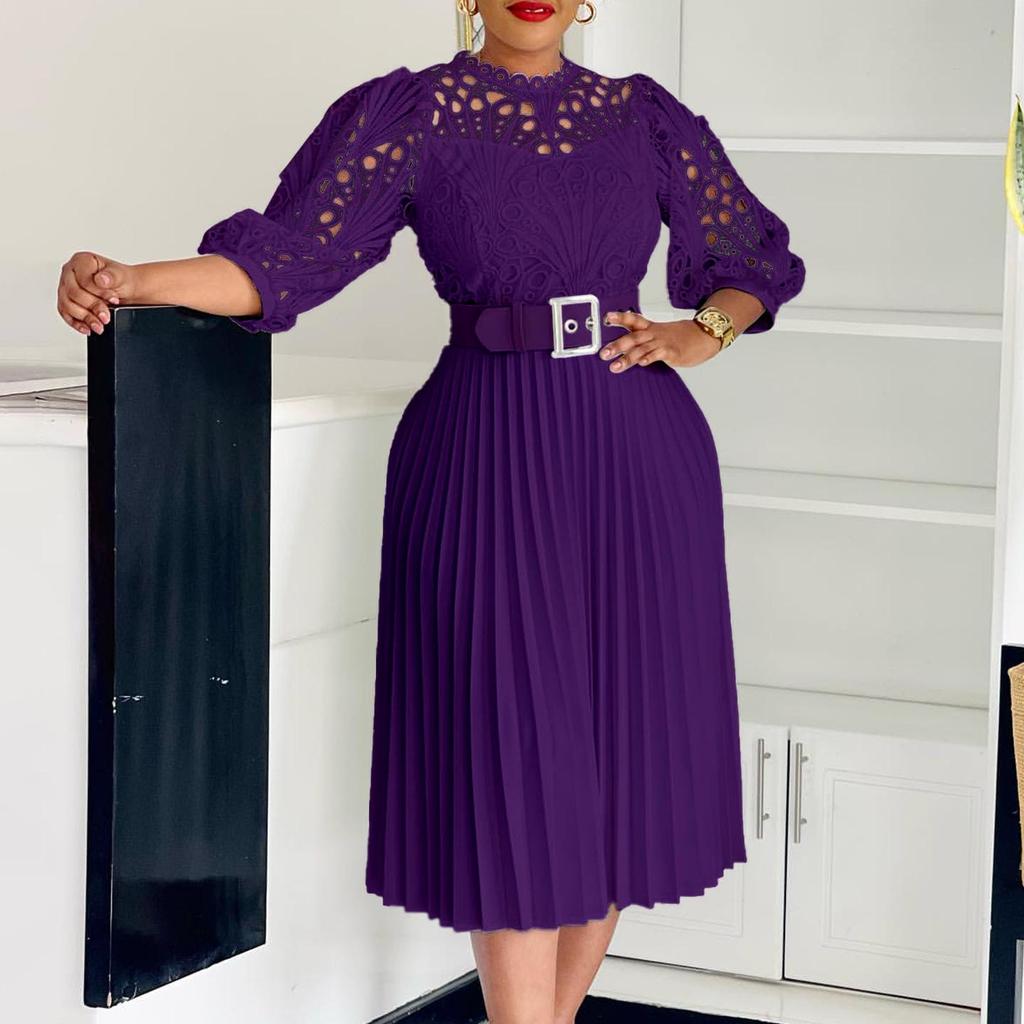 C8595 Women's Solid Color Lace Crochet Pleated Dress