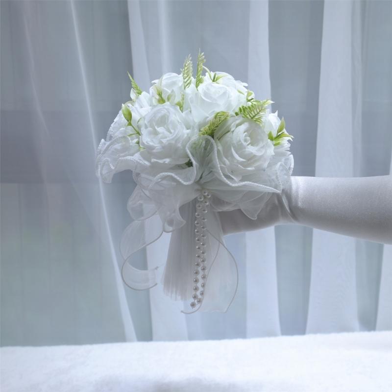 Realistic Pearls Decors Bridal Hand Bouquet Silk Flower Arrangement for Wedding Anniversaries and Formal Occasion