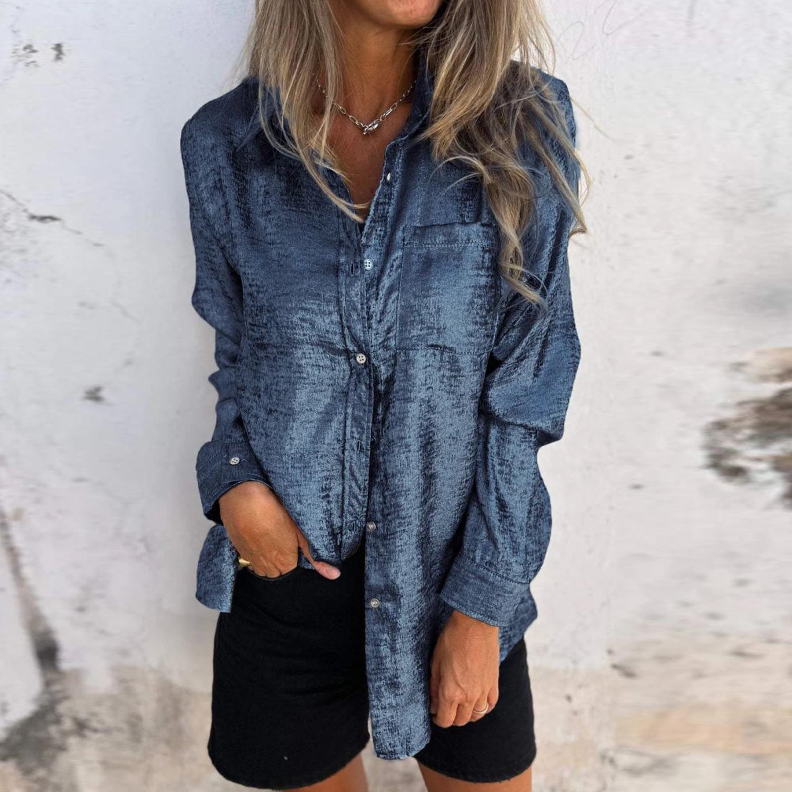 

Женская модная однотонная повседневная рубашка с бархатным воротником и длинными рукавами синий