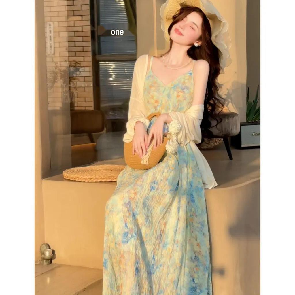 2025 Summer Floral Print Maxi Camisole Dress: Commuter Style with Patchwork Design for Women