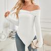 Frauen Tops Off Schulter Langarm Unregelmäßigen Seite Schlitz Saum T-shirt Einfarbig Slim Fit Knoten