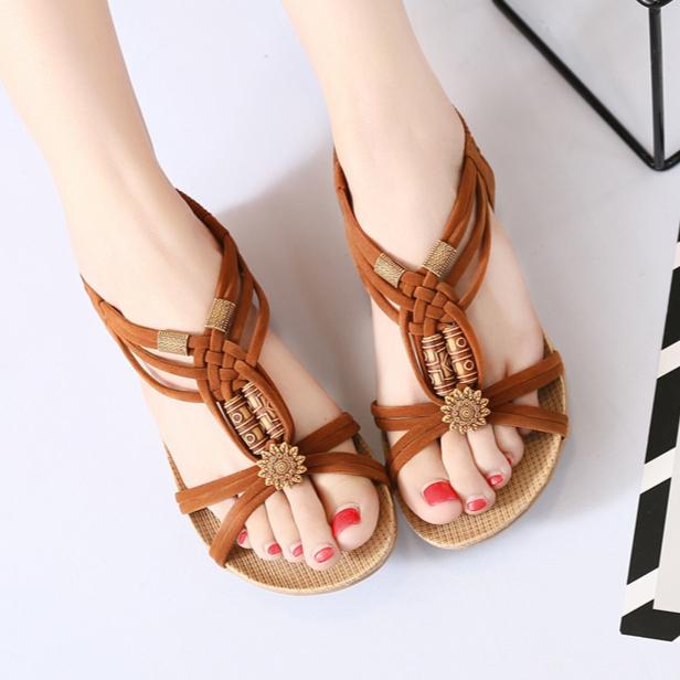 Flat Sandals Female Flat With Beaded Bohemian National Sandals Student Casual Beach Shoes