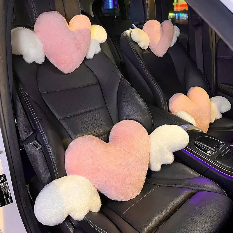 Cute Cartoon Car Headrest Pillow Neck Support Pillow Love Heart Back Waist Pillow Seat Back Cushion Car Interior Decoration