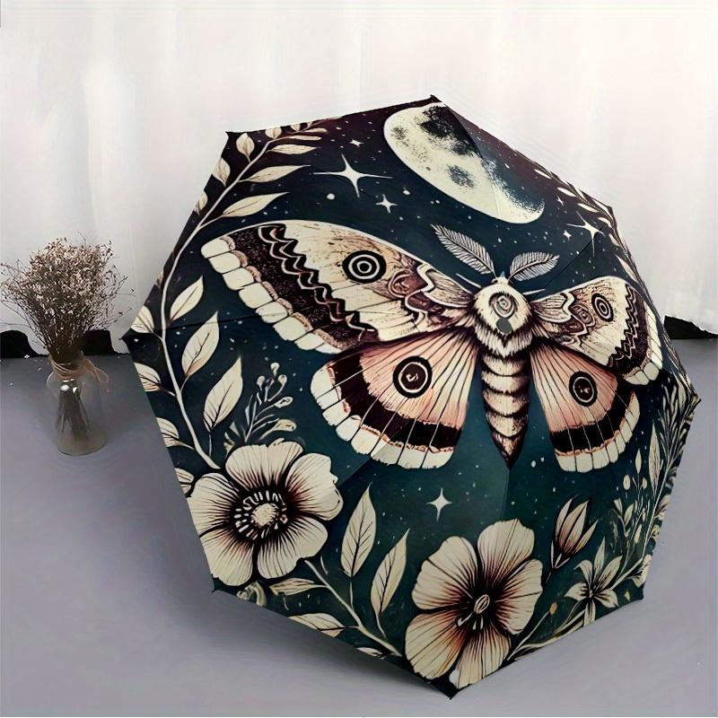 1pc Moonlit Moth Automatic Open/Close Umbrella with Windproof, Functional Design, 8-Rib Sturdy Canopy
