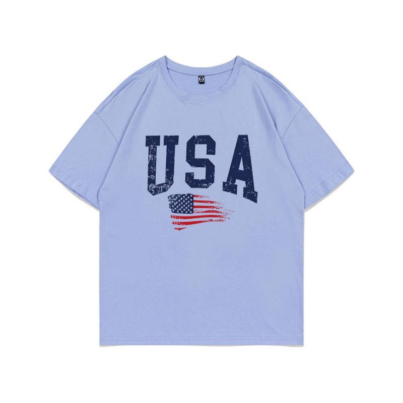 Summer Pure Cotton Short Sleeved Flag Letter Combination Printed Shoulder Down Women's T-shirt Fashionable Casual Women's Top T-Shirts Women’s
