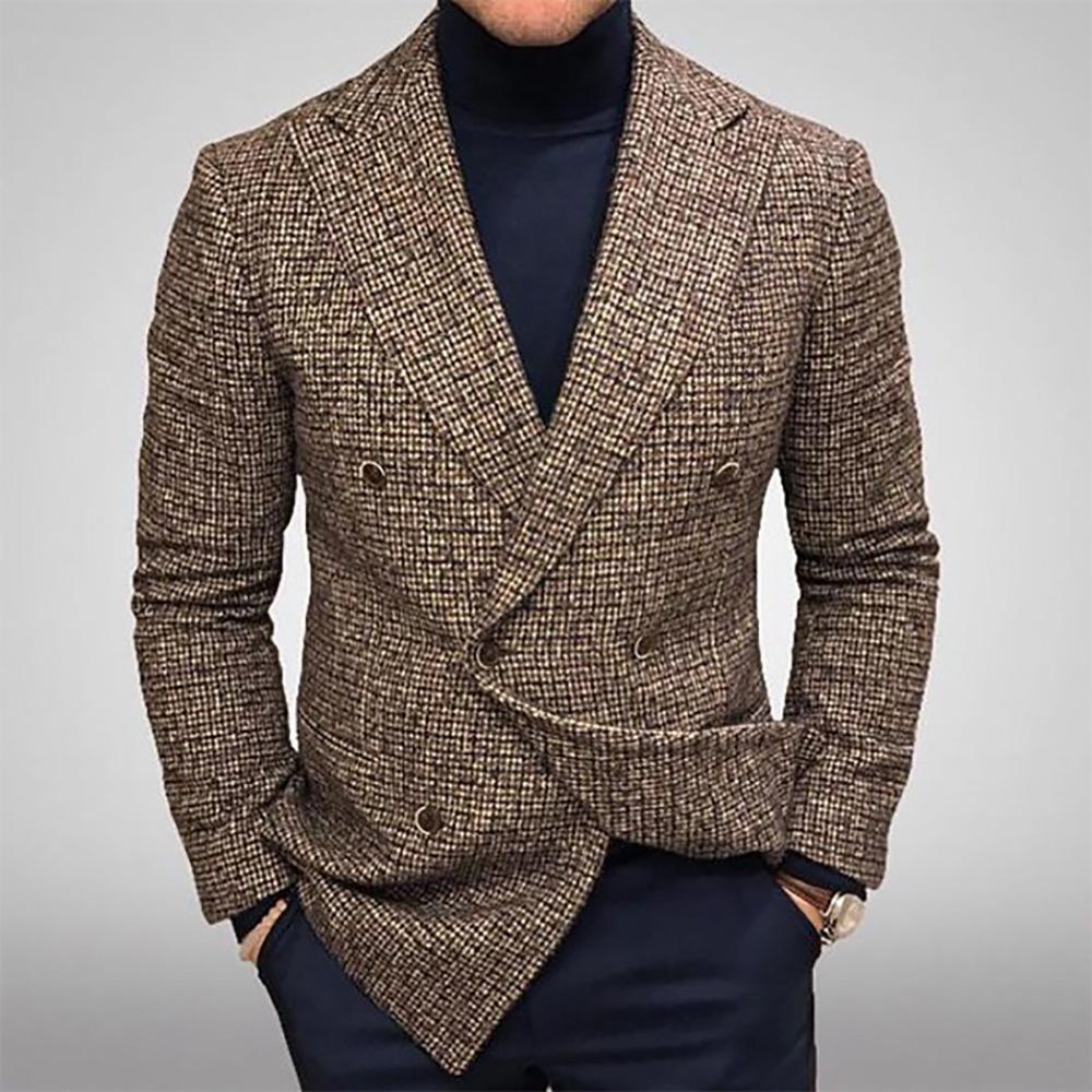 

Men s Dark Gray Tweed Double Breasted Blazer with Navy High Neck Sweater and Blue Trousers XXL коричневий