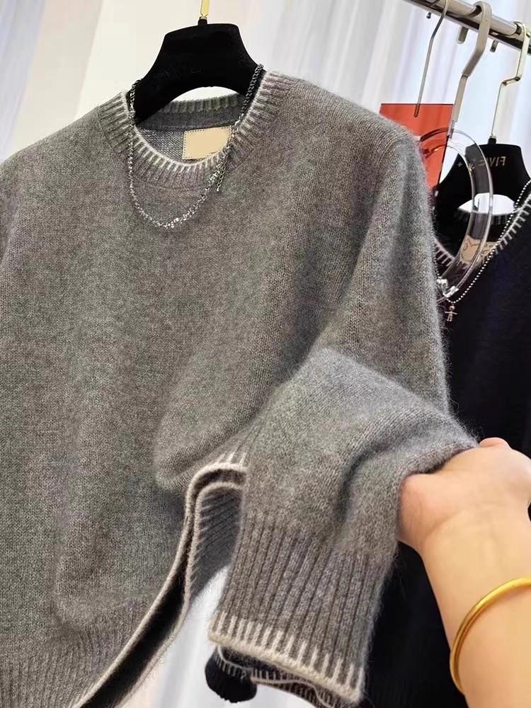 Women's European Style Grey Round Neck Merino Wool Sweater, High-End Autumn/Winter Cashmere Knitwear.