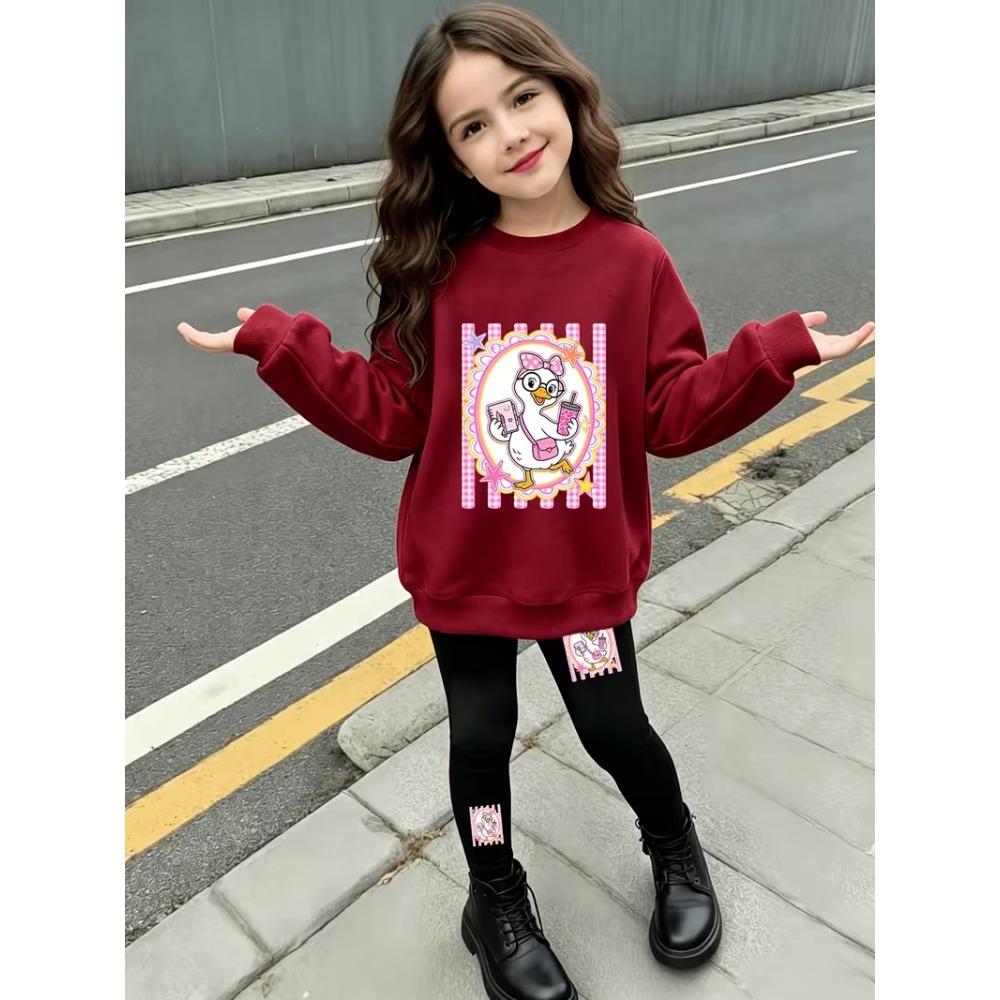 Girls' Cute Cartoon Duck Casual Comfortable Soft Loose Pullover Sweatshirt and Leggings 2-Piece Set, New Autumn/Winter, Playful, Sweet and Cool Style
