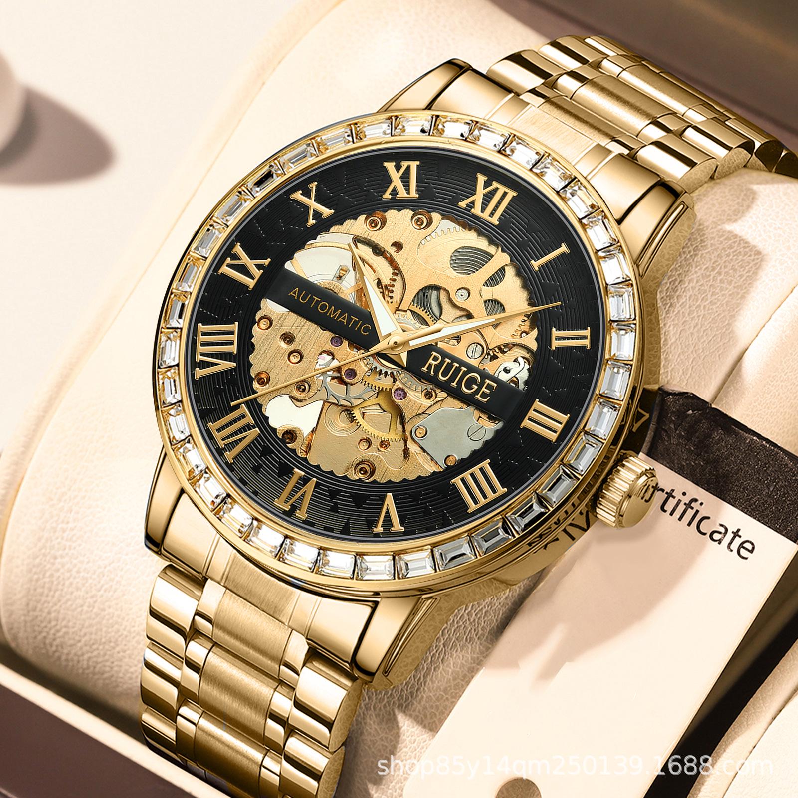 RUIGE Men s Luxury Skeleton Mechanical Stainless Steel Waterproof Luminous Watch