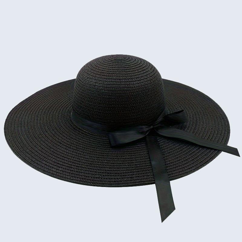 Large Eave Straw Hat for Woman Black Bow Tie Edge Sunscreen Foldable Beach Hat Outdoor Seaside Vacation Fashionable and Elegent