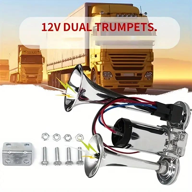 12V Horns, Chrome Zinc Single Trumpet Truck Air Horn with Compressor for Any 12V Vehicles Trucks Lorrys Trains Boats Cars