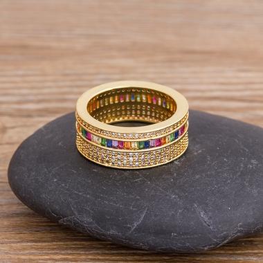 Nidin New Geometric Luxury Boho Rainbow Copper Cubic Zirconia Ring For Women Charm Crystal Rings Fine Party Wedding Jewelry