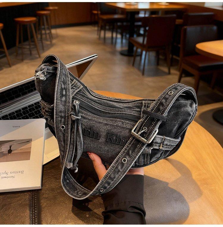 Τσάντα Crossbody από Τζιν, Απλή Τσάντα με Κέρατο, Ρετρό Πλυμένη Φθαρμένη Τσάντα