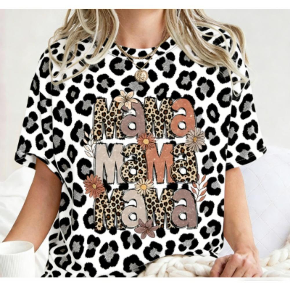 Funny Stripe Colorful Leopard Mama Print Women's Short Sleeves T-Shirt Loose Casual Summer Outdoor Street Women's Tees Tops