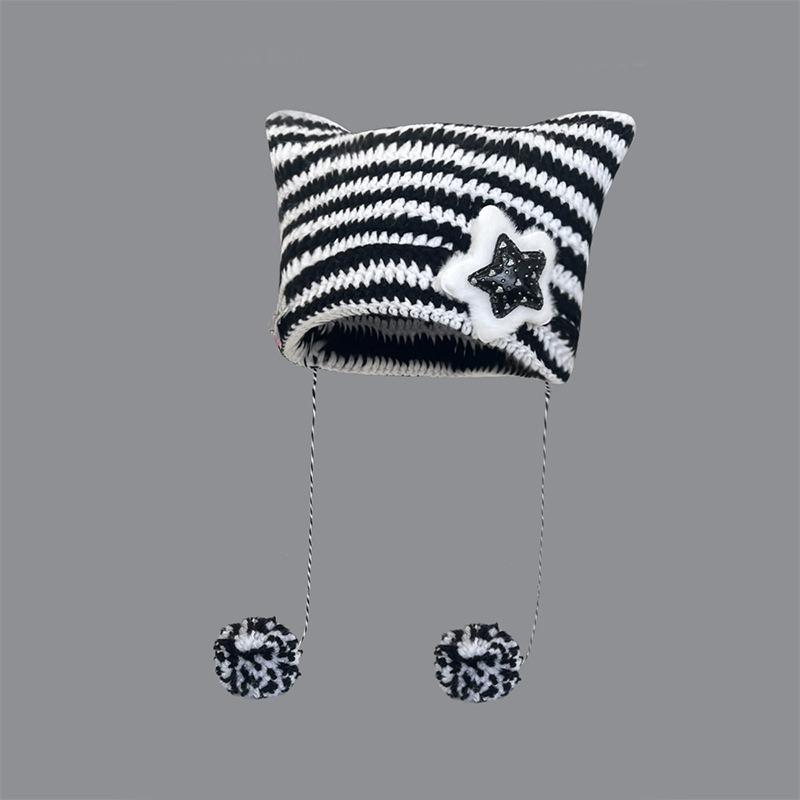 Abi Wind Handmade Cute Five-Star Cat Ears Striped Devil Warm Hat Knitted Ball Wool Hat Female