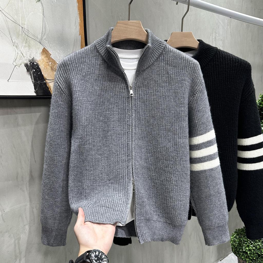Autumn/Winter Men's Double Zipper Solid Jacquard Knit Cardigan - Versatile, Casual, and Loose Fit