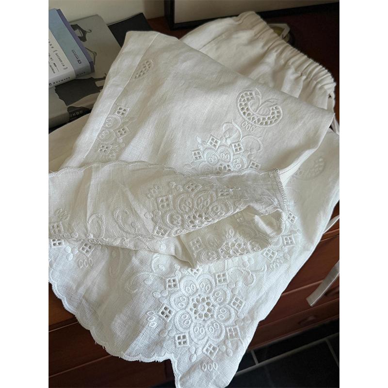 Elegante Leinen-Weiß Weite Hosen Damen Mode Stickerei Baggy Voll Längen Hosen Sommer Koreanisch Lässig Gerade Hosen