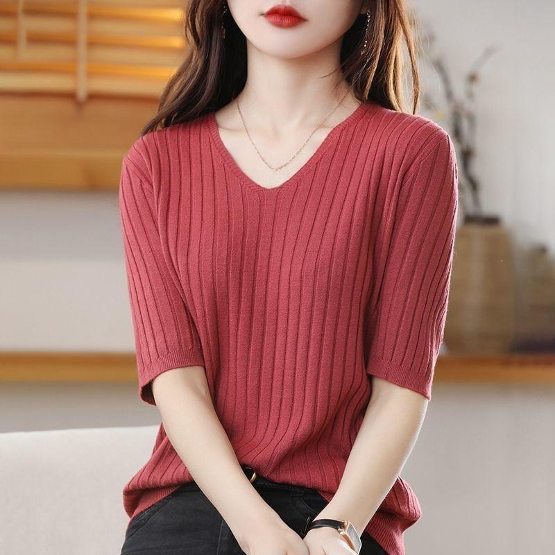 Spring Summer Women's V-neck Short-Sleeved Exquisite Cashmere Knitted Sweater Pullover Solid Color
