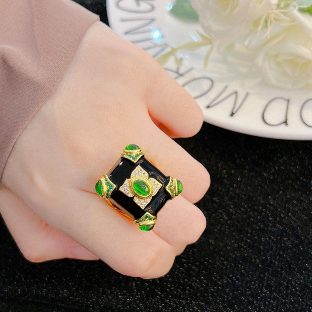 Wosikate Women'S Ring Vintage Emerald Glazed Black Onyx 18K Gold Plated Elegant Ladies Ring Wedding Jewelry Anniversary Gifts