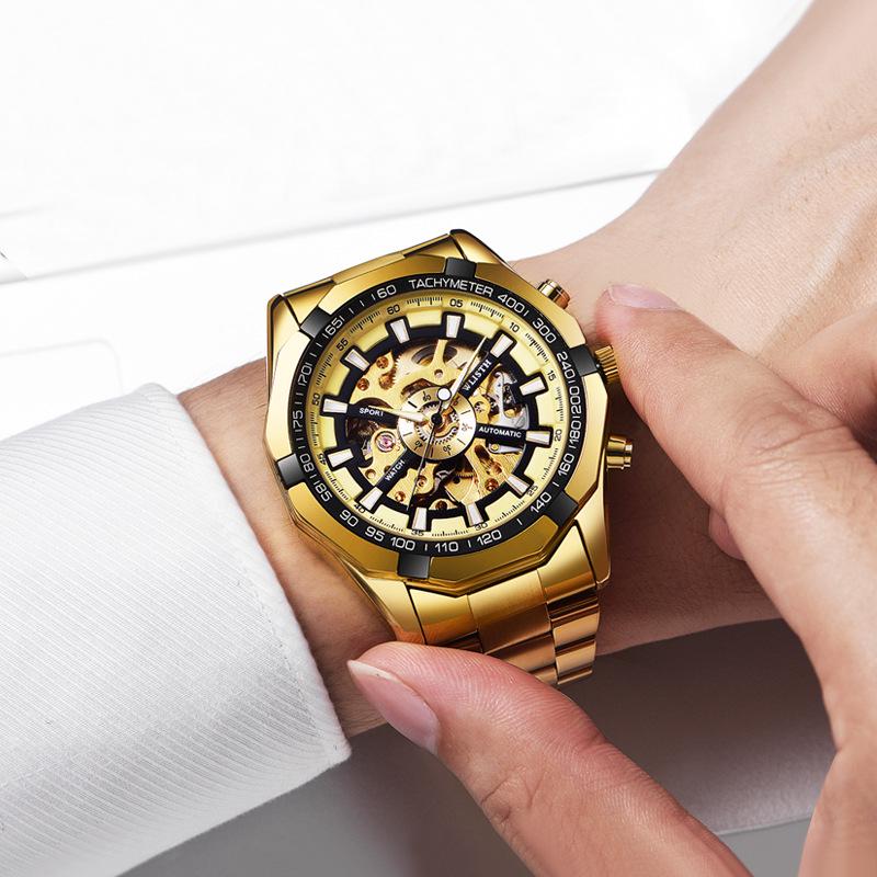 Wolis Men's Gold Waterproof Mechanical Watch - Creative Hollow Design