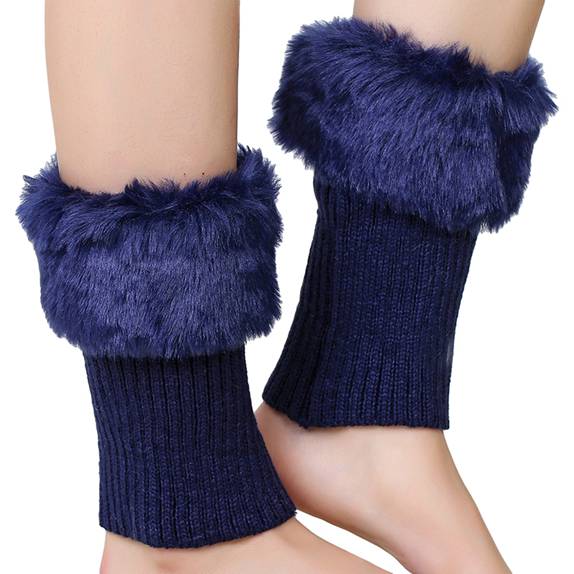 Womens Short Fold Over Knit Leg Warmers Boot Cuffs Faux Fur Trim Winter Warm Socks Footwear Accessories
