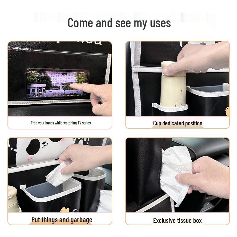 Panda Car Organizer: Multifunctional Hanging Storage, Cute Cartoon Interior Protective Pad