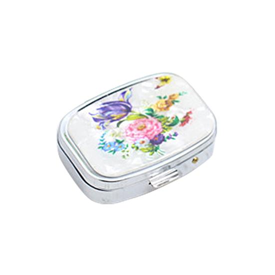 Metal Pill Box with Mirror Reusable Compact Portable Classified Store Pills Flower Print Oblong Shape Large Capacity Pill Organizer for Travel