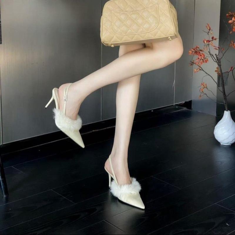 Fashion 2025 Summer High Heel Fluffy Women Sandals Shoes Fashion Pointed Toe Shoes Elegant Wedding Party Shoes New
