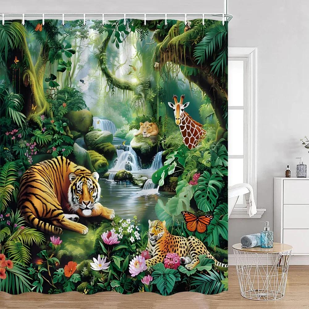 Wild Animals Shower Curtain Tiger Forest Elegant Panther Green Palnts Rose Floral Home Decor for Bathroom Polyester Bath Curtain