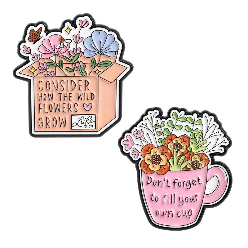 Floral Box Cup Enamel Pins Flowers Self Care Quotes Brooches Lapel Badges Plant Inspiring Jewelry Gift for Kids Friends