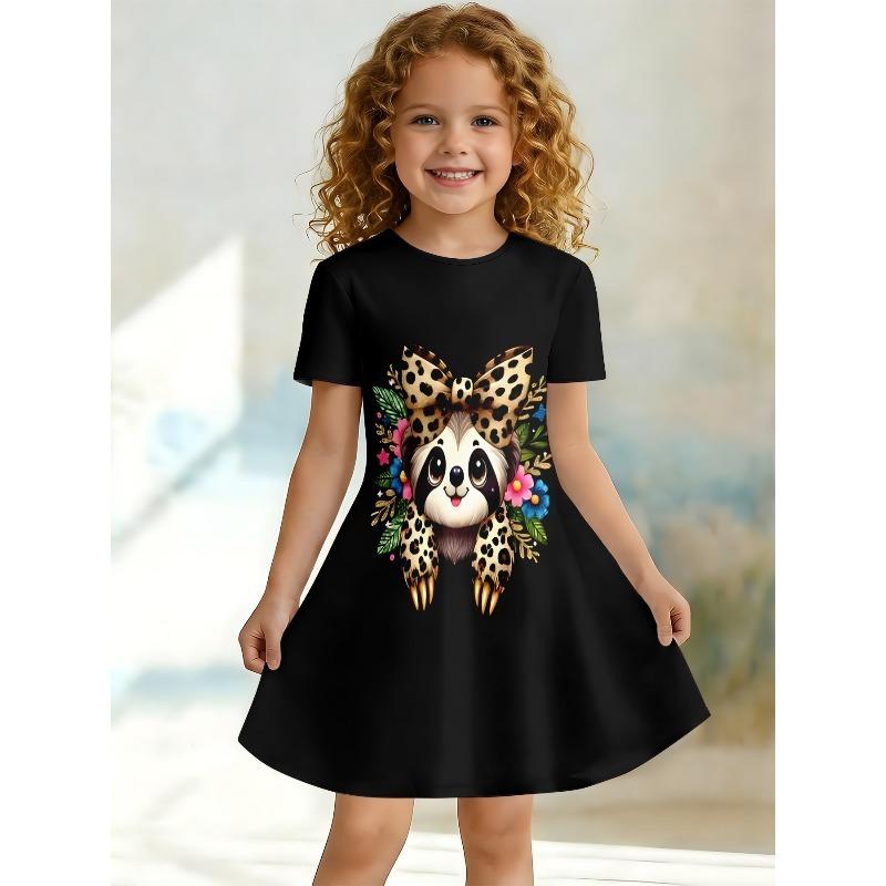 Swinging Dress for Young Children and Girls, Summer Short Sleeved Floral/animal Printed Casual Suitable for Birthday Parties