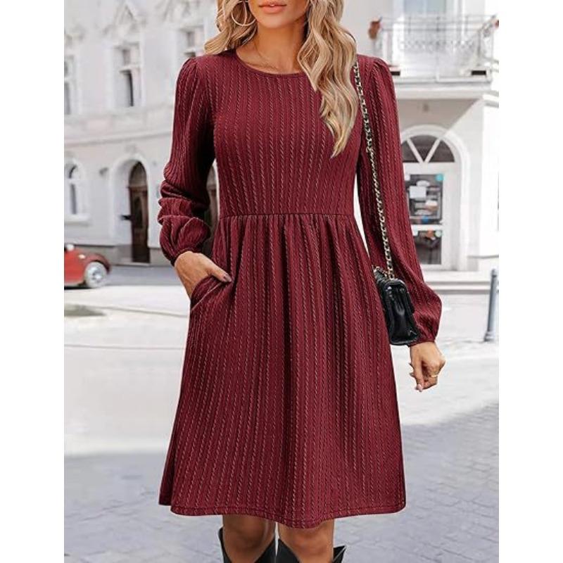 

Женский круглый вырез горловины с карманом вязаный свитер длинный рукав А-силуэт платье L бордовый