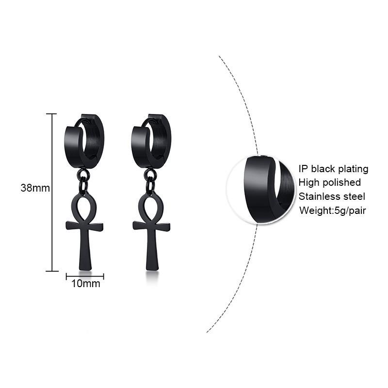 Drop Cross Earring Mens Egyptian Ankh Michael Hang Dangle Earrings Black Stainless Steel Male Punk Jewelry