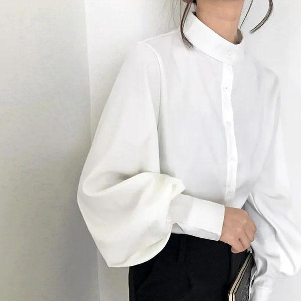 

WTEMPO женская весенне-летняя винтажная блузка большого размера, женские осенние однотонные свободные рубашки с длинным рукавом и воротником-стойкой S белый