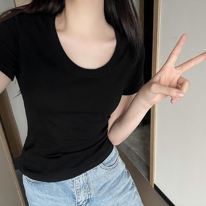 Tricou de damă cu mânecă scurtă, croială slim, decolteu în U - Top până la talie, vara 2024