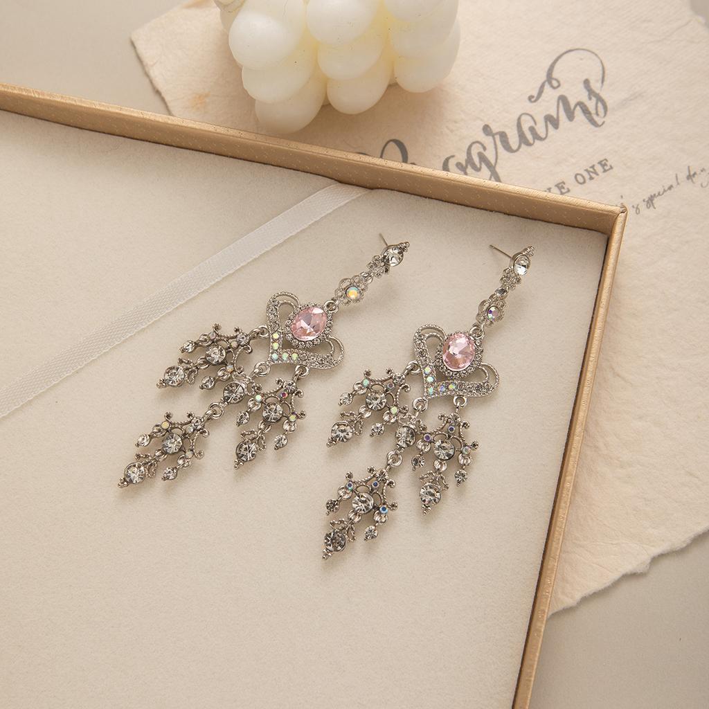 Super Fairy Pink Diamond-Encrusted Love Water Drop Earrings, Retro Baroque Long Sweet Fringed Temperament Earrings