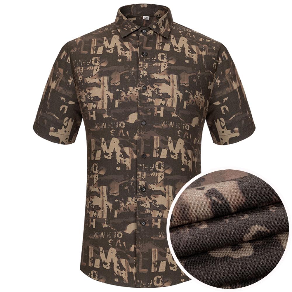 Men's Letter Print Spread Collar Short Sleeve Button-Up Shirt without Pocket, Stretchy Summer Casual Comfort Menswear Clothing