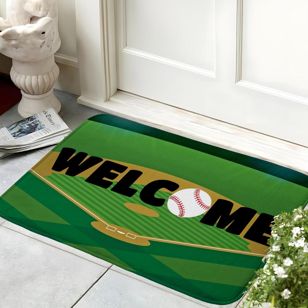Baseball Welcome Doormat Sports Theme Green Grass Entrance Rug Game Day Stadium Non-Slip Welcome Floor Mat for Home Decor