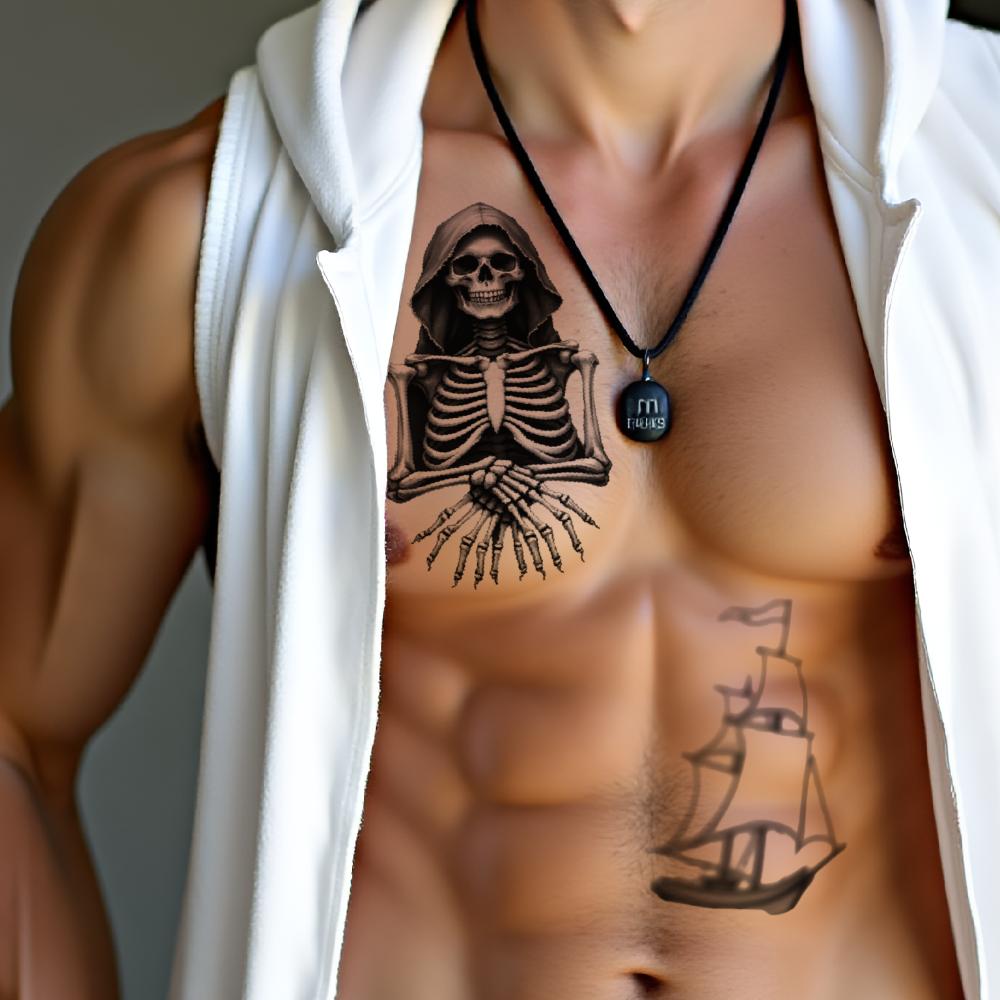 3pcs Temporary Tattoo Black And Grey Realism Grim Reaper Eye Ornament Sailing Ship For Women Men Arms