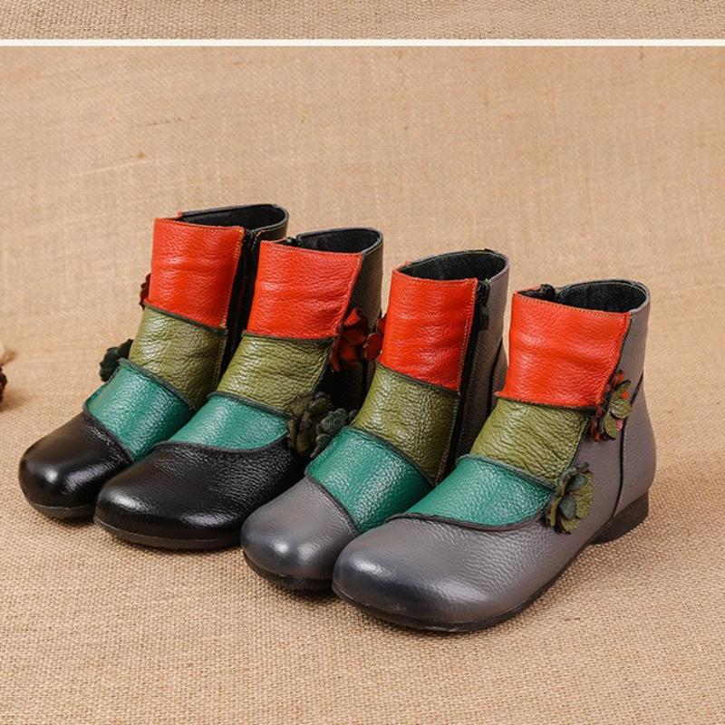 Winter Neue Niedrigabsatz Kuhmuskelsohle Kurze Stiefeletten Ethnischer Stil Blumenfarbenes Echtes Leder Damen